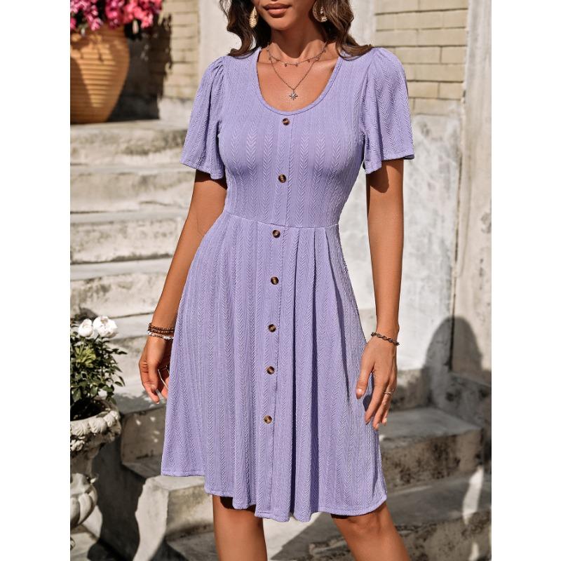 Summer Women's Round Neck Button Stretch Casual Temperament Short Sleeve Dress
