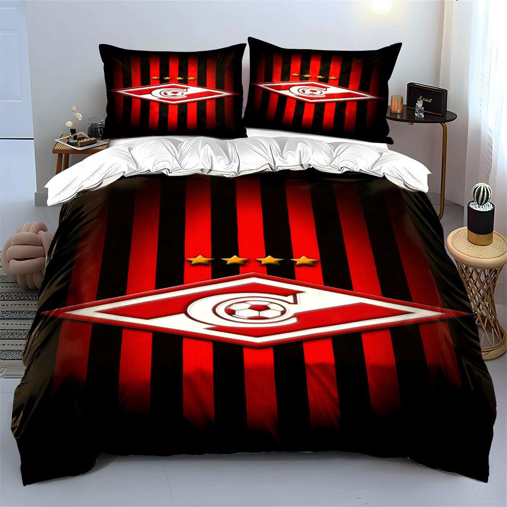Red and Black Stripes with Soccer Logo Print Bedding Set Duvet Cover Pillowcases (1* Duvet Cover 2* Pillowcases Do Not Include Comforter)