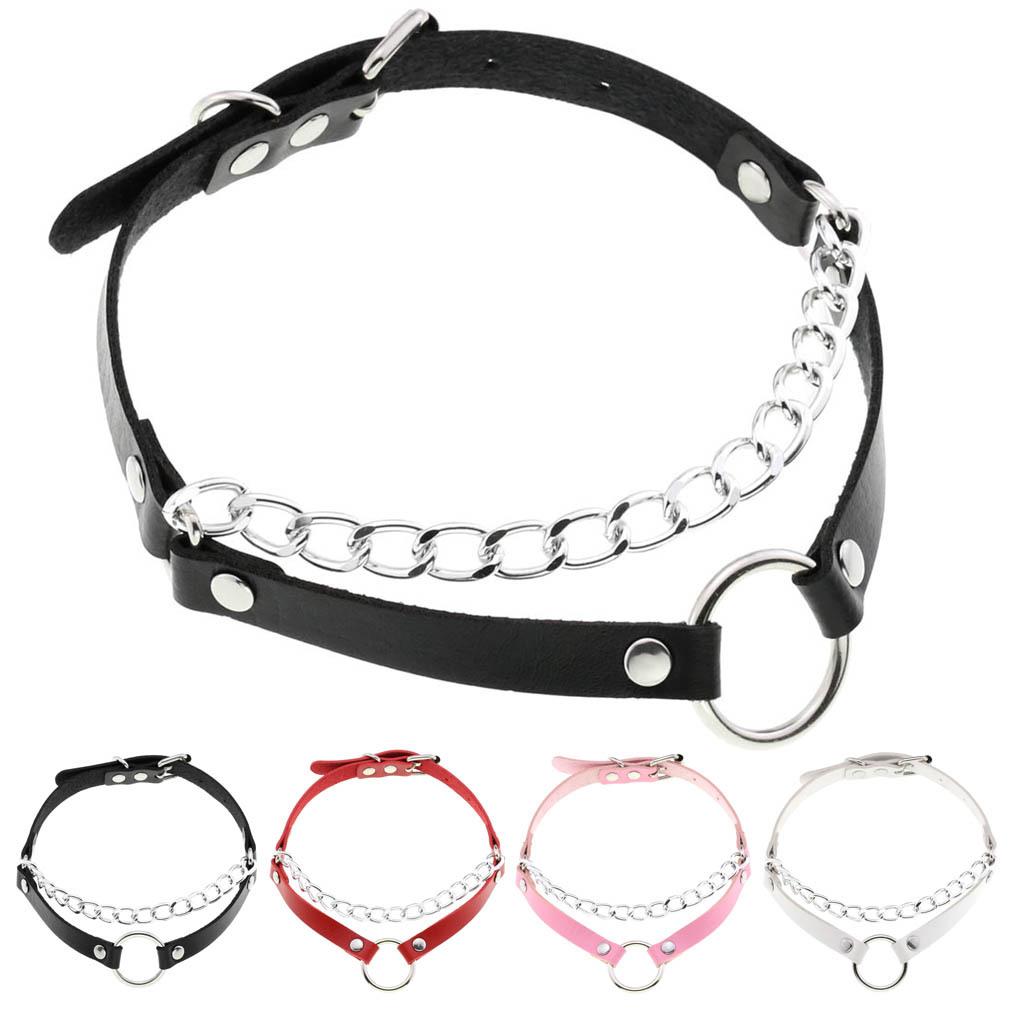 Double Line O-ring Chain Choker, Minimal Punk PU Leather Circular Ring Necklace