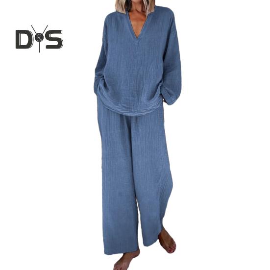 Dámský volný dvoudílný outfit top s dlouhým rukávem a výstřihem do V široké kalhoty s kapsami ležérní souprava na doma