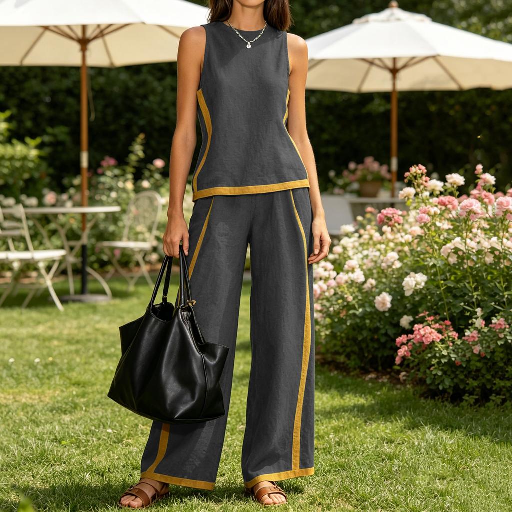 Women Sleeveless Top and Wide Leg Pants Two Piece Set Casual Summer Outfit Lightweight Comfortable Loose Fit Suitable for Daily Wear