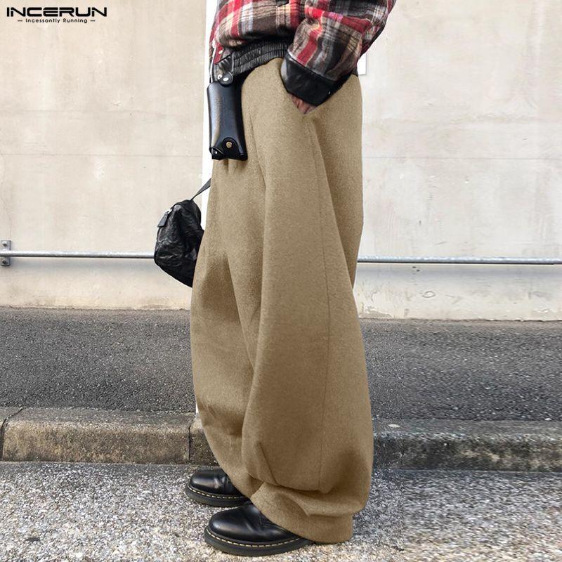 INCERUN Men Casual High Waist Zip-up Casual Baggy Long Pants Trousers