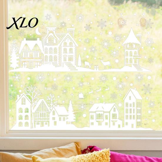 Holiday Home Window Ornament 2Pcs Christmas Town Static Glass Sticker, Reusable Decal with Snowflake Indoor Outdoor Stickers Pattern, Decorative