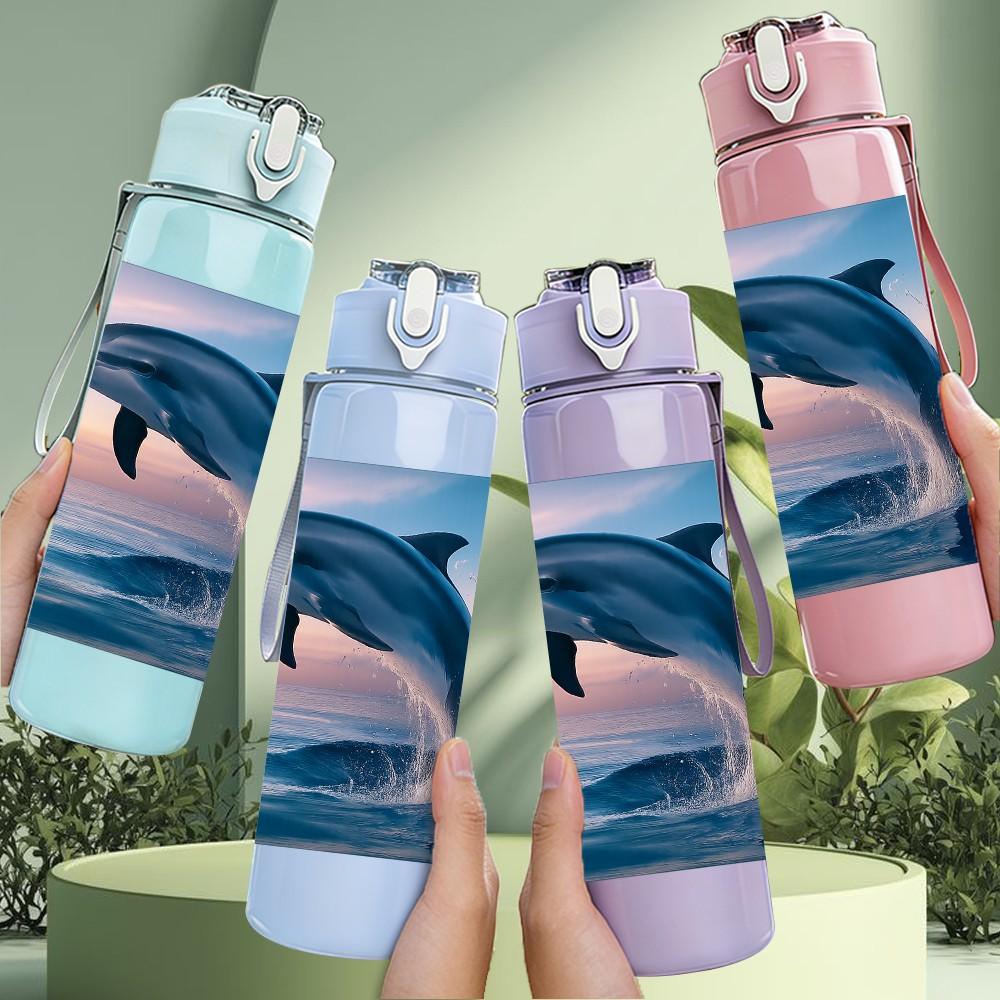 1PC Jumping Dolphin Ocean Wave Print 750ml Color Plastic Sports Water Bottle Leakproof Flip Straw Lid Suitable for Sports Office Home Use