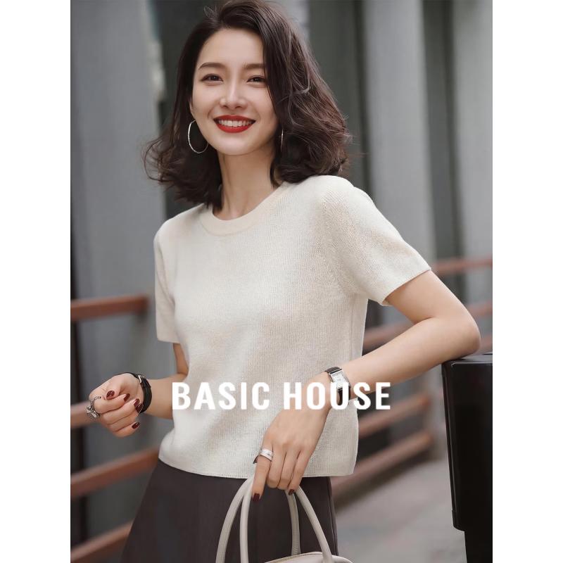 Basic House Women s Linen Blend Round Neck Short Sleeve Knit Top XL