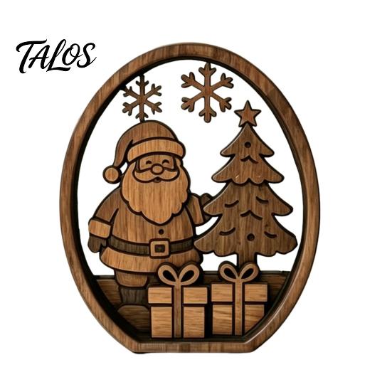 Boxwood Christmas Ornaments 3Pcs Santa Claus And Tree Ornaments, Wooden Oval Table Rustic Xmas Tabletop Decor Centerpiece, Solid Wood Desktop Ornament