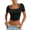 Women Short Sleeve Crop Top Halter Neck Square Neck Slim Fit Stretchy Casual T Shirt Summer Basic Tee