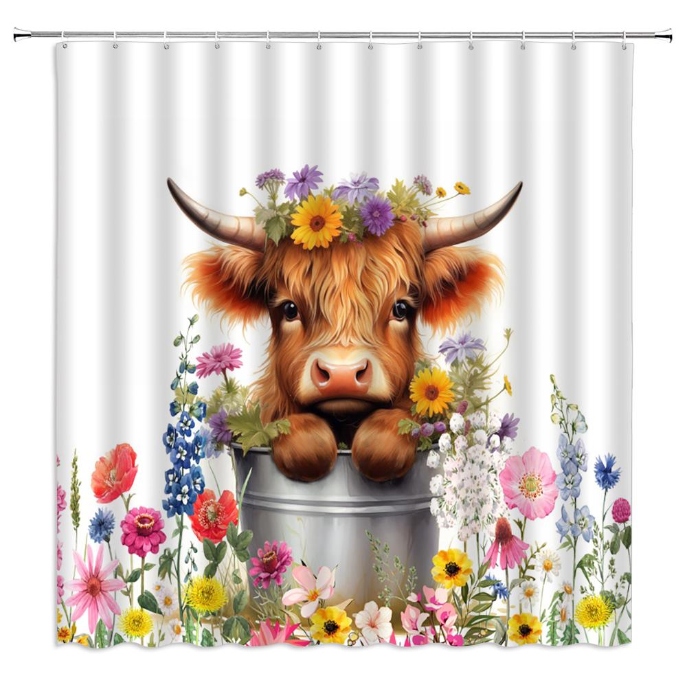 Highland Cow Shower Curtain Farm Animals Cattle Portrait Watercolor Flowers Plant Bathroom Decor Fabric Bath Curtains with Hooks