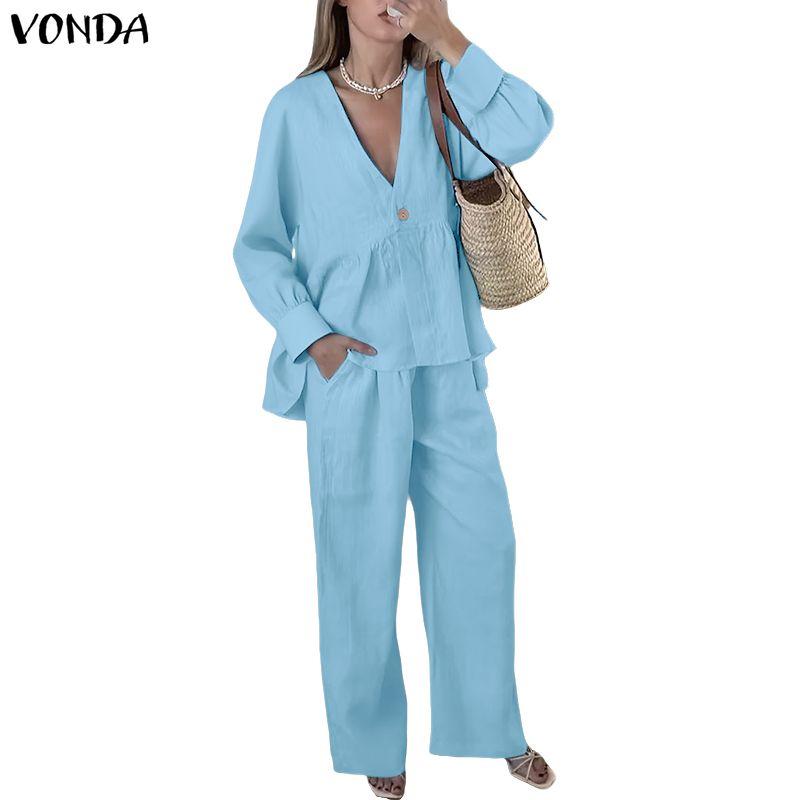 VONDA Two Piece Suit Women Deep V Neck Long Sleeve Blouse and Pants Casual Sets