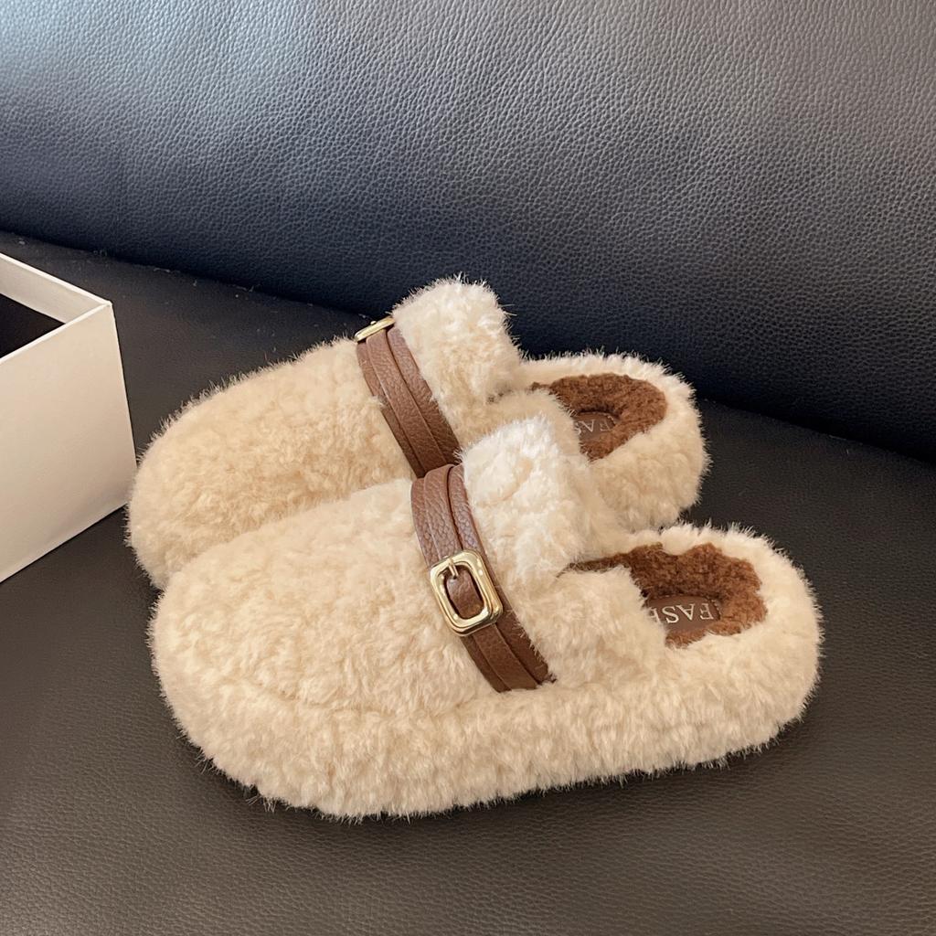 Winter neue zwei Tragevarianten flauschige Schuhe Damen dicksohlige Gürtelschnalle Samt warm ein Pedal Baumwollschuhe Damen Tide