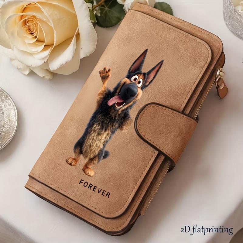 Cartoon-themed wallet, featuring a German Shepherd design, women's model, foldable design. This multifunctional wallet includes a coin purse with a