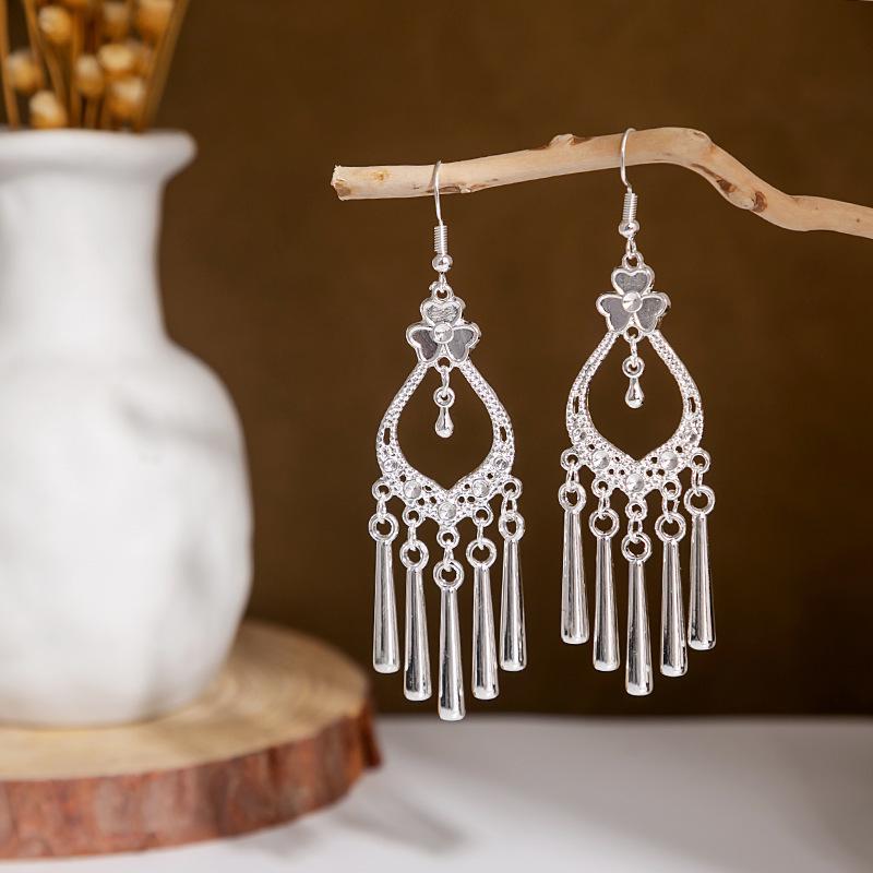 Ethnic Peacock Tassel Earrings with Hollow Leaf & Butterfly Design