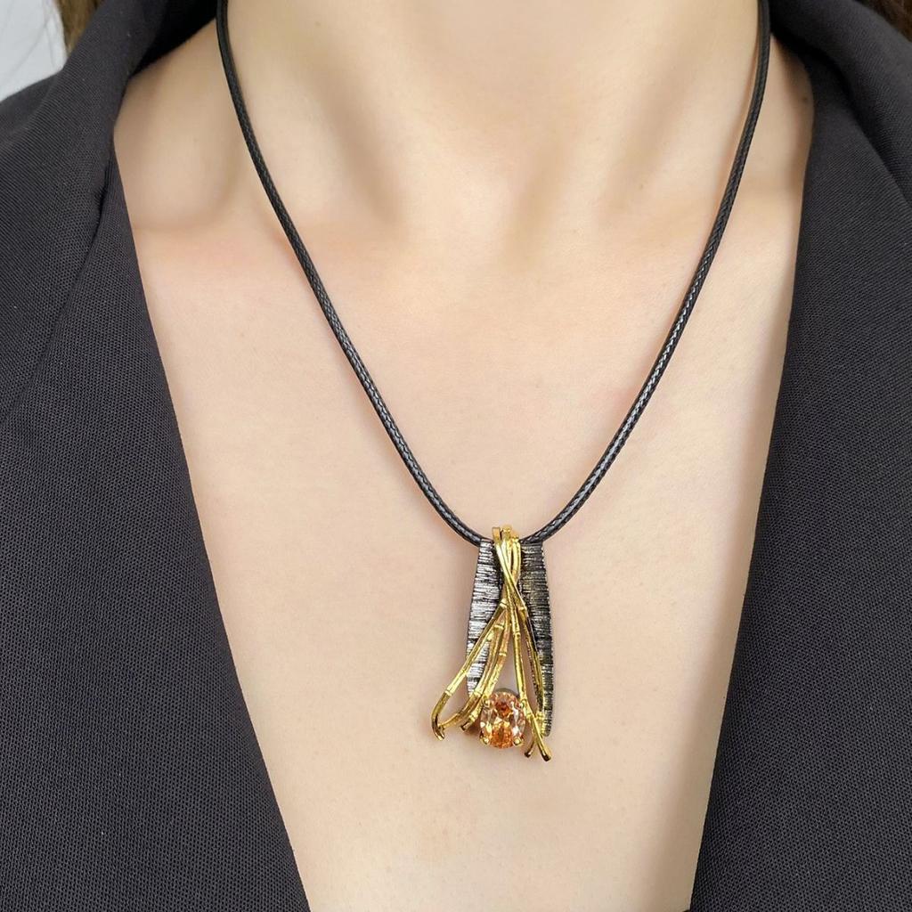 Geometric Black Gold Medallion Necklace with Haute Sens Line Champagne Zircon Necklace