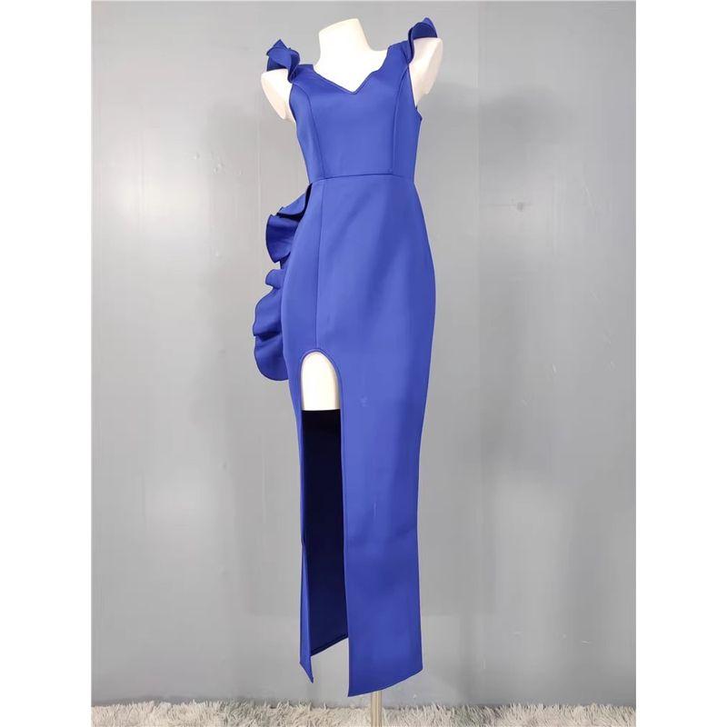

French Style High Cold Air Field Goddess Fan Gao Split Large Long Legs Ruffles Pairs V Neck Space Cotton Fabric Formal Dress Klein Blue L