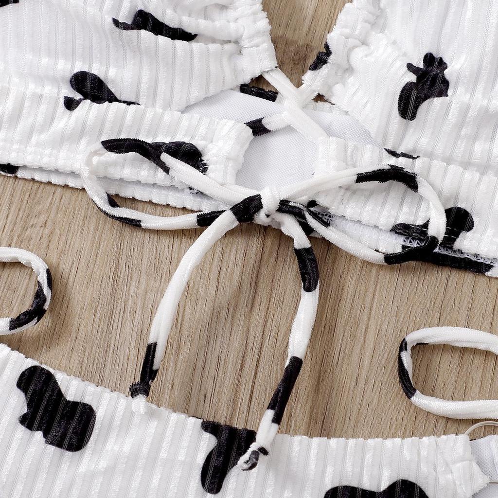 Costum de baie pentru damă, cu gât cu șalter, triunghi, cu dantelă, imprimeu vaci, seturi sexy de bikini scobite