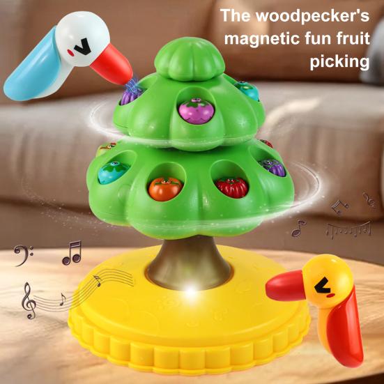 Magnetic Woodpecker Fruit Pick Toy 360 Degrees Rotating Fruit Tree with Music LED Light Educational Toddlers Boys Girls Fine Motor Skills Bird Fishing