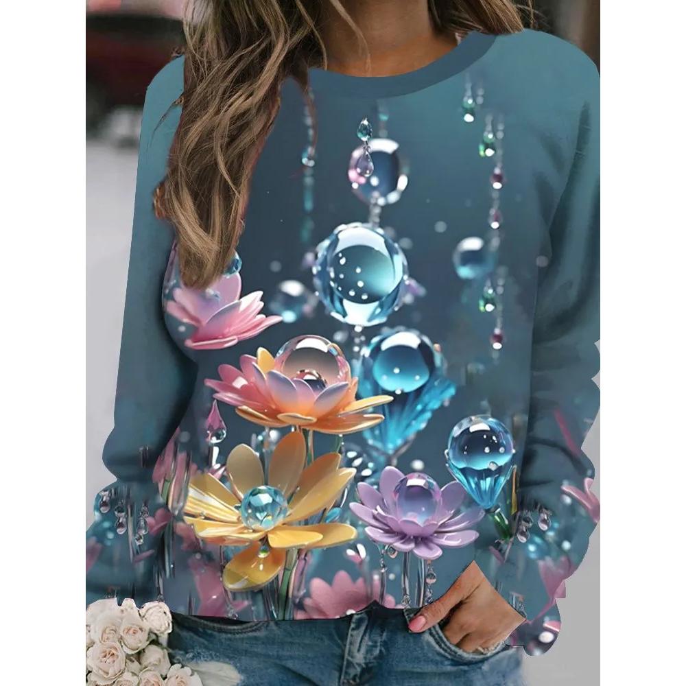 Fashion Versatile Flower Print Women's Top Long Sleeve Casual Loose T-Shirts Women’s Pullovers Long Sleeves Women’s