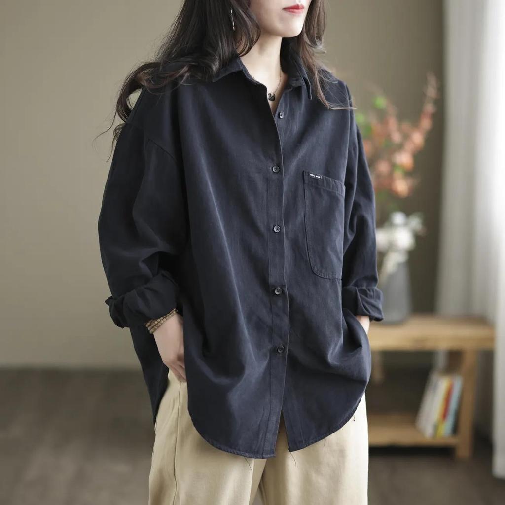 Japanese Tooling Shirt Women's Spring and Autumn Casual All-match Loose Solid Color Shirt Jacket