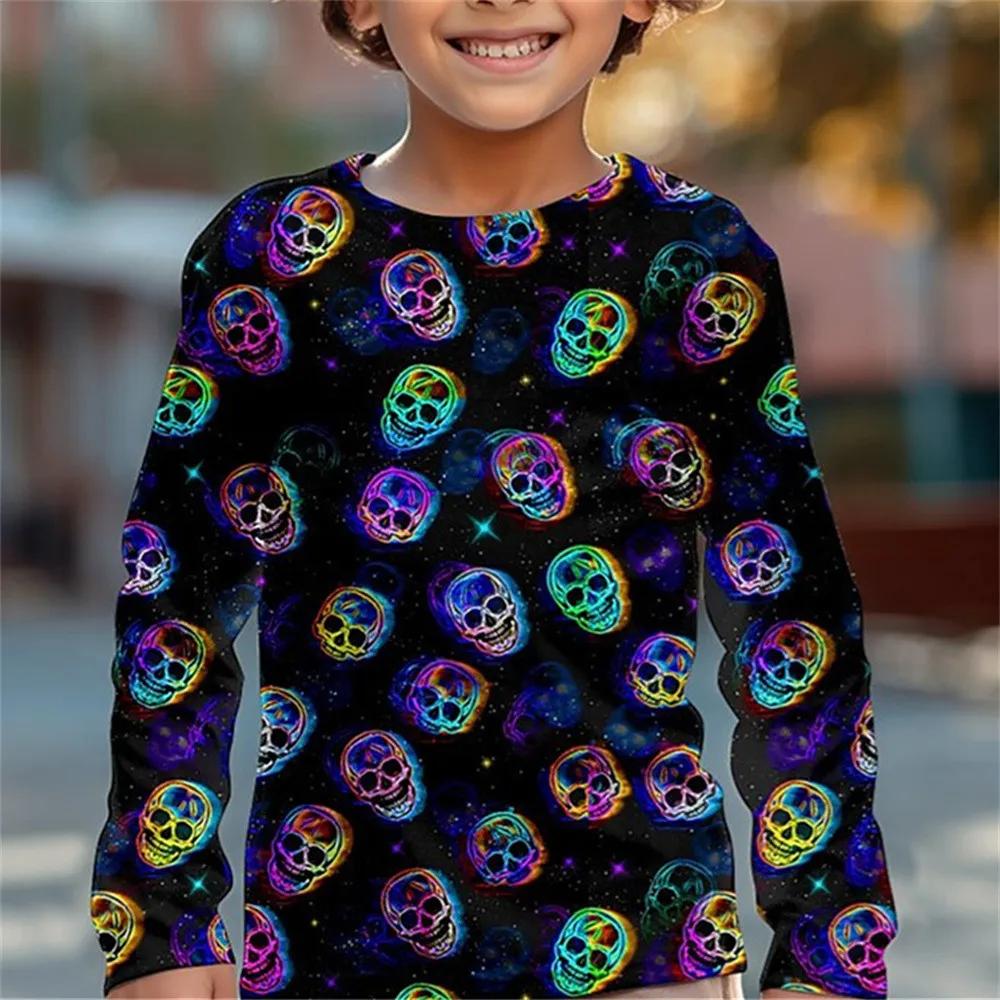 Spring and Autumn Round Neck 3D Halloween Printed Top Fashionable Casual Long Sleeved Children's Boy T-shirts