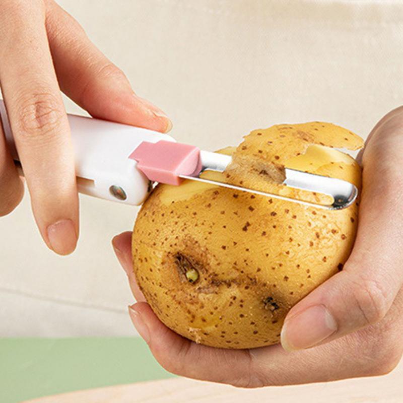 Faltbarer Kartoffelschäler 2-in-1 Edelstahl Klein Küche Lebensmittel Schäler Tragbares Birnenschäler Werkzeug Multifunktions-Schälmesser Camping