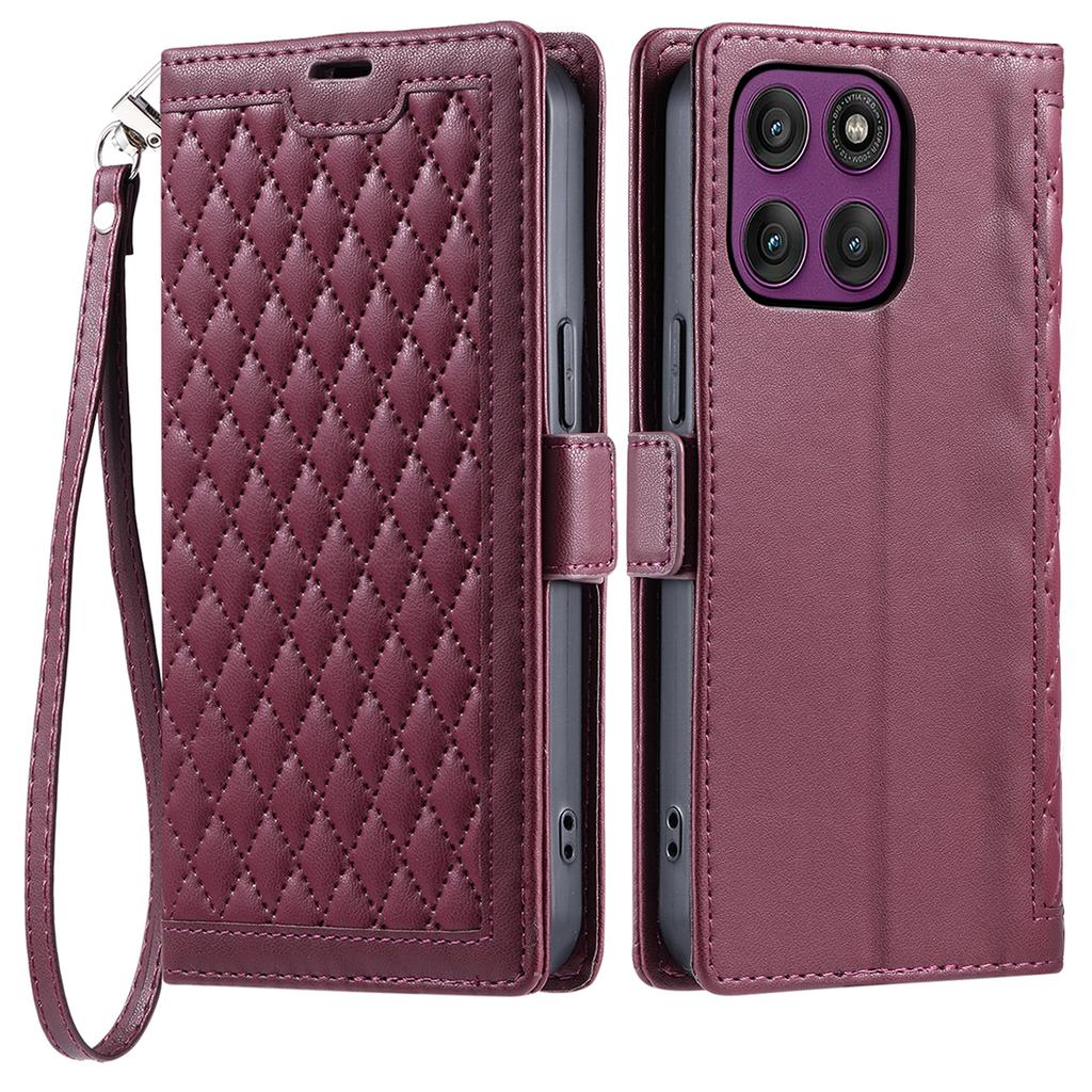 For Motorola Edge 60 Pro 5G Leather Case Rhombus Texture Wallet Stand Phone Cover with Wrist Strap
