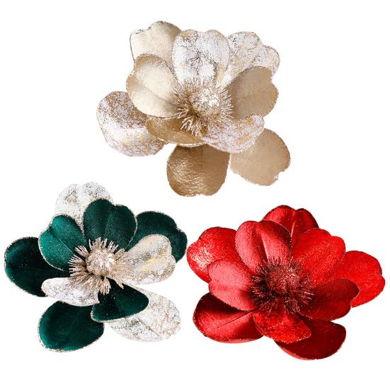 Artificial Poinsettia Flowers Christmas Tree Ornaments Velvet Glitter Magnolia Stems Floral Picks for Xmas