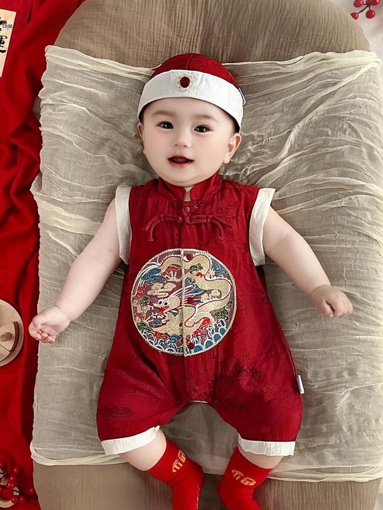Boys' Chinese Festive Romper: Summer Harem Crawling Suit for First Birthday Banquet (Style 5303).