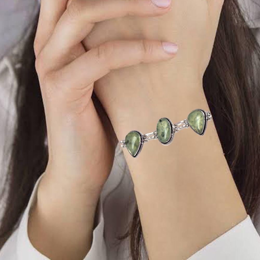 Prehnite Cabochon Gemstone Silver Jewelry Bracelets 7''Adjusable