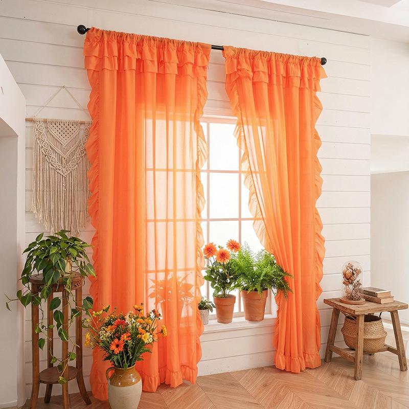 Finished Simple Wind Solid Color Curtain Curtain Dream Ruffle Leaf Edge Translucent Thin Window Screen
