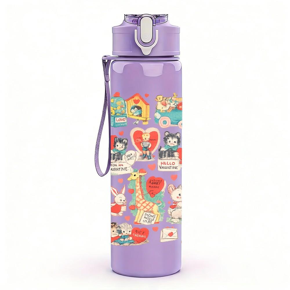 1PC Cute Cartoon Character Scrapbook Print 750ml Color Plastic Sports Water Bottle Leakproof Flip Straw Lid Suitable for Sports Office Home Use