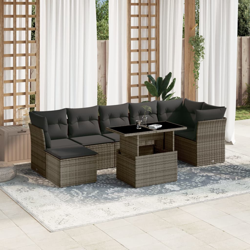 Vidaxl 8-Cz. Garden Furniture Set With Cushions, Grey, Poly Rattan