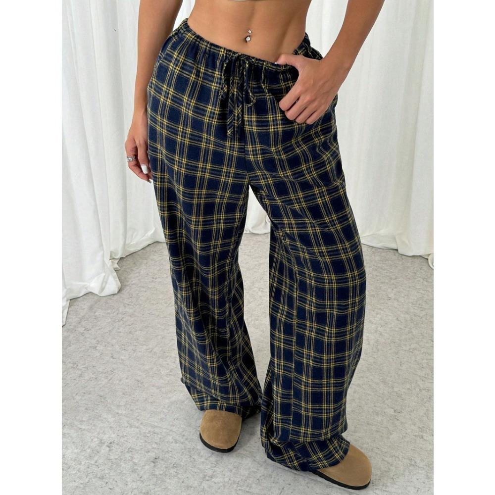 Women's Plaid Trousers, Casual Straight-Leg Pants, Wide-Leg Pants, Student-Friendly, Comfortable