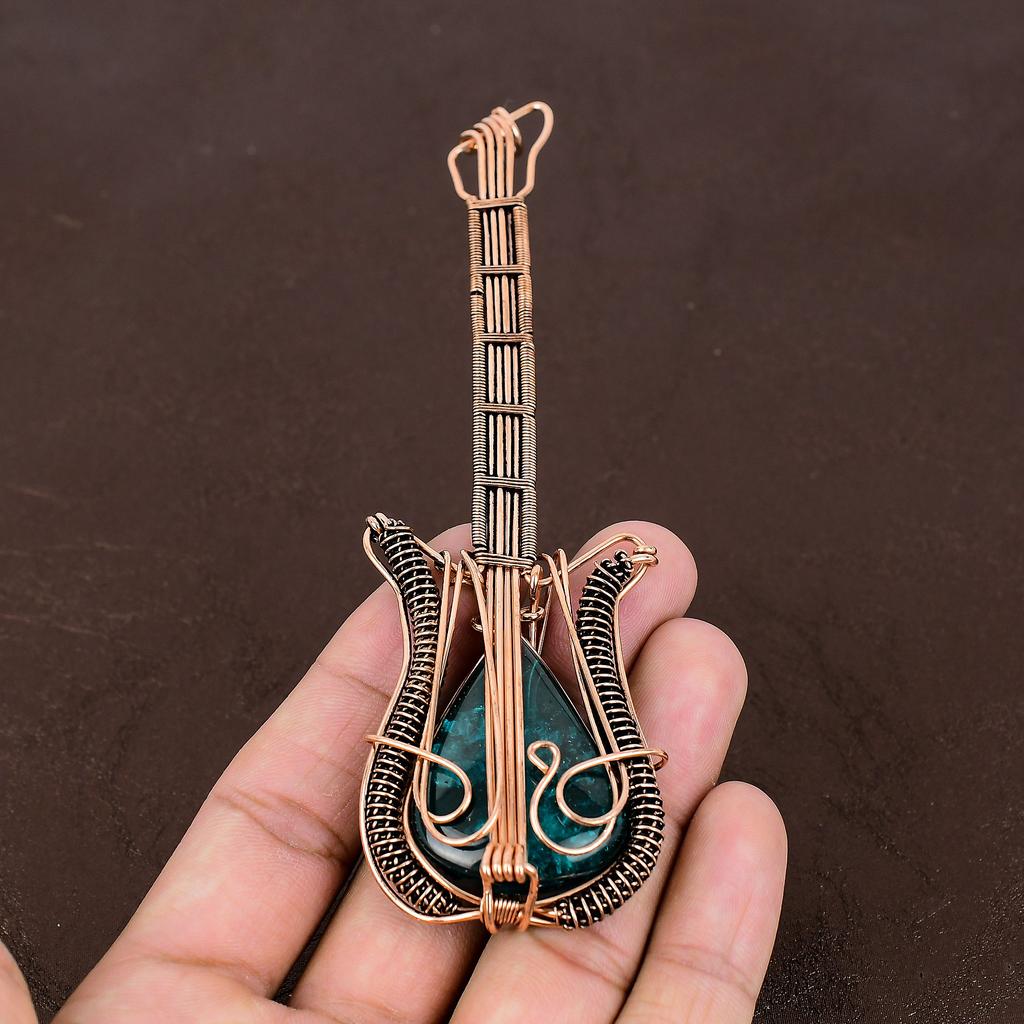 Natural Blue Baltic Amber Gemstone Copper Wire Wrap Guitar Pendant 4.53" y2s87