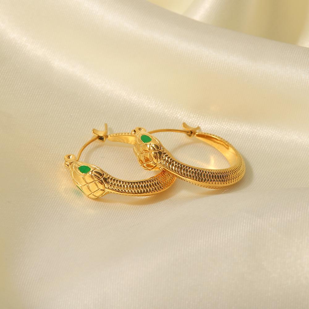 Stainless Steel Snake Earrings with Green Eyes - Fashionable, Non-Fading Design for Women