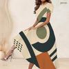 Women Plus Size Round Neck Short Sleeve Navy Blue Printed A Line Long Dress