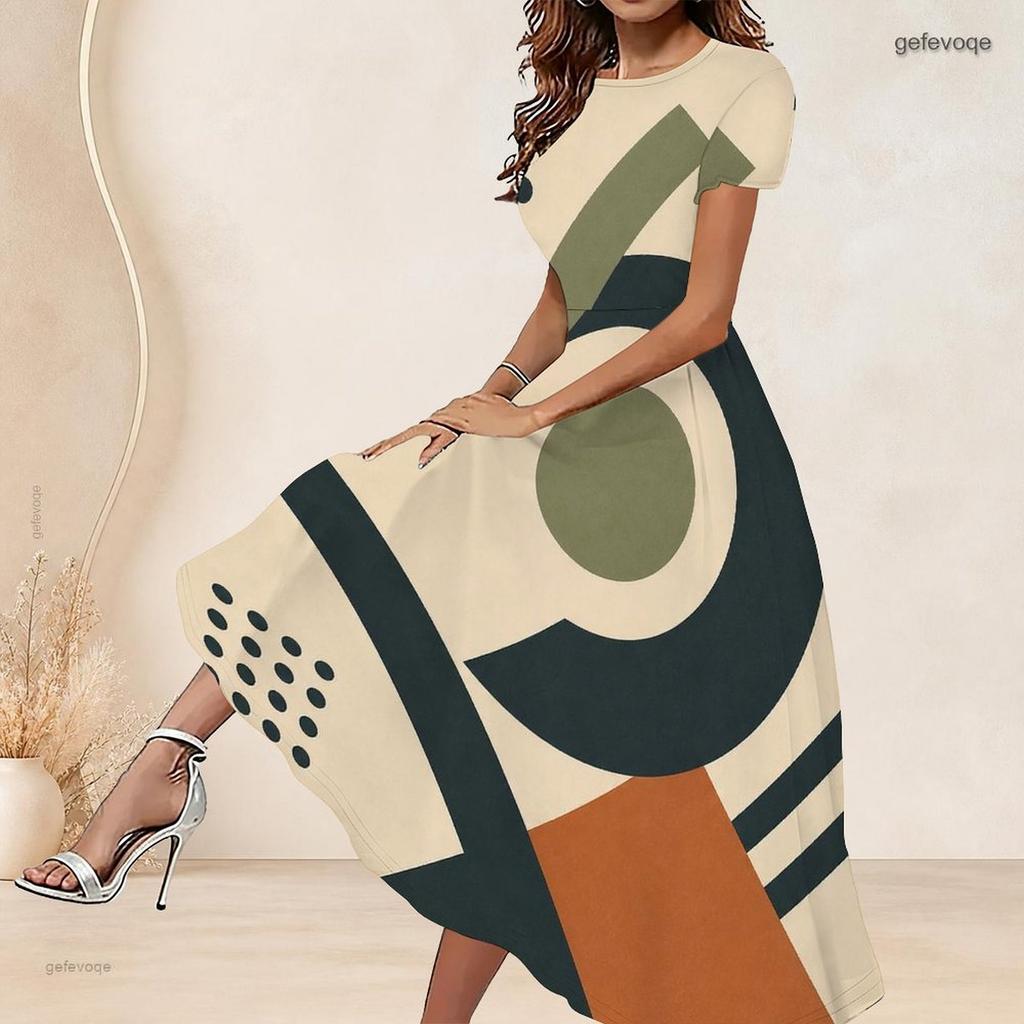 Women Plus Size Round Neck Short Sleeve Navy Blue Printed A Line Long Dress