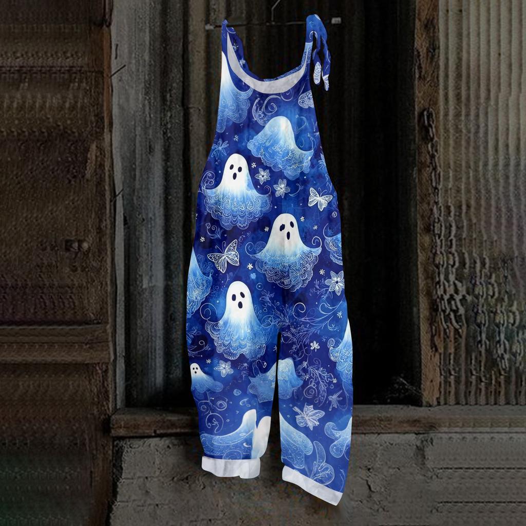 Women Halloween Print Loose Fit Vintage Style Overalls Casual Linen Blend Sleeveless Wide Leg Jumpsuit with Adjustable Straps