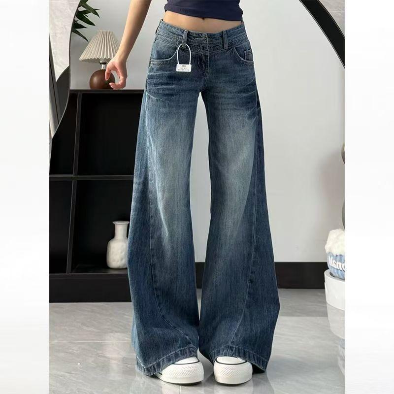 Vintage American Washed Lightning Straight Jeans Women's New Loose Spring Crack Slightly Raised Waist Mopping Pants
