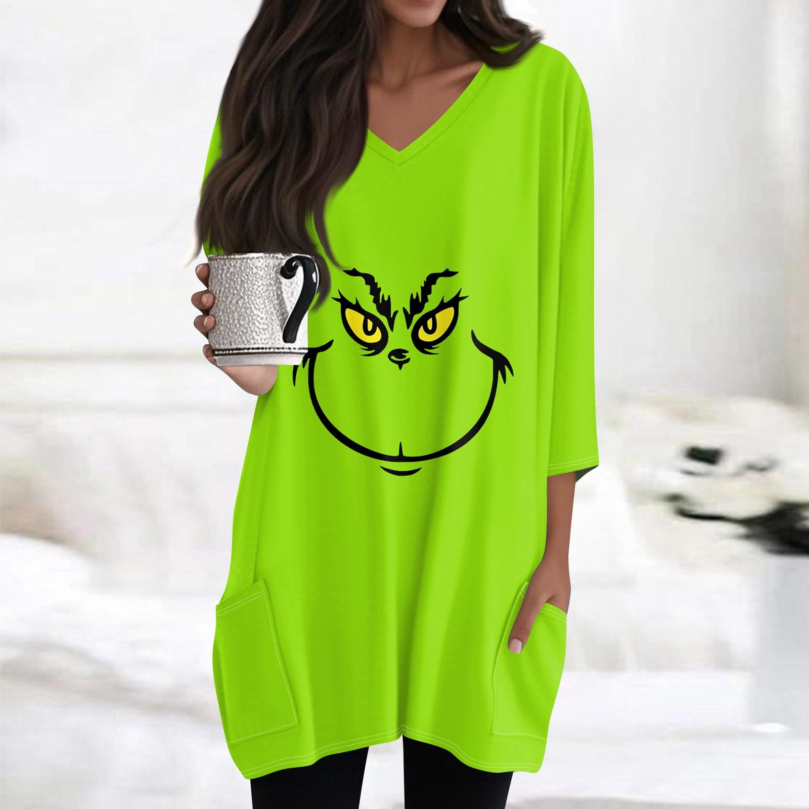 

Женские топы с V-образным вырезом и рукавом 3/4, повседневные блузки средней длины, модные туники с рождественским принтом и карманами M