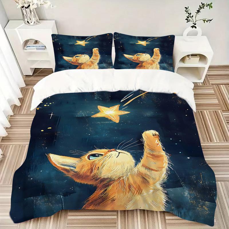 3Pcs Celestial Kitty Printed Bedding Set, Breathable And Soft,(Includes 1 Duvet Cover And 2 Pillowcases, Quilt Not Included) yy250815190