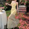 French Yellow Floral Spaghetti Strap Dress for Women, Summer Beach Vacation, Slimming Mesh Fishtail Hip-hugging Long Dress