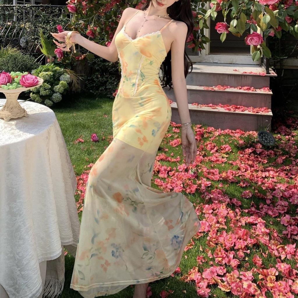 French Yellow Floral Spaghetti Strap Dress for Women, Summer Beach Vacation, Slimming Mesh Fishtail Hip-hugging Long Dress