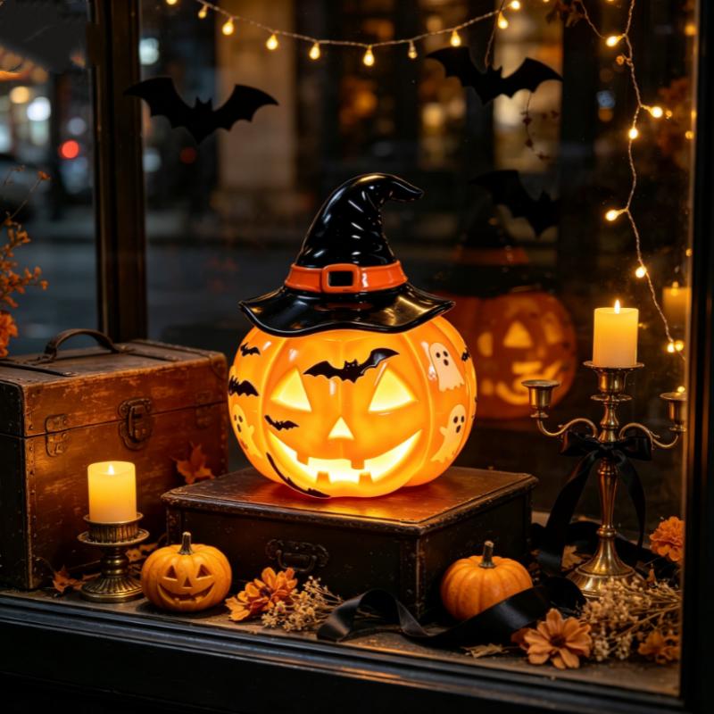 Halloween Resin Table Lamp Handcrafted Gothic Pumpkin & Wizard Hat Night Light USB Powered Warm Amber Light Home Decoration