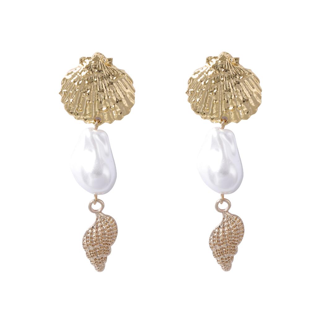 European and American Fashion Simple Holiday Style Alloy Imitation Pearl Shell Temperament Conch Earrings Niche Popular Women's Models