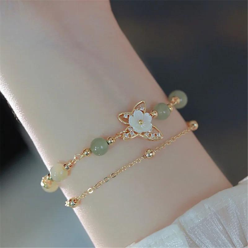 

Браслет-цепочка из натурального круглого нефрита Хотан диаметром 6 мм с бабочками и цветками, универсальный двухслойный браслет для женщин, ювелирные изделия