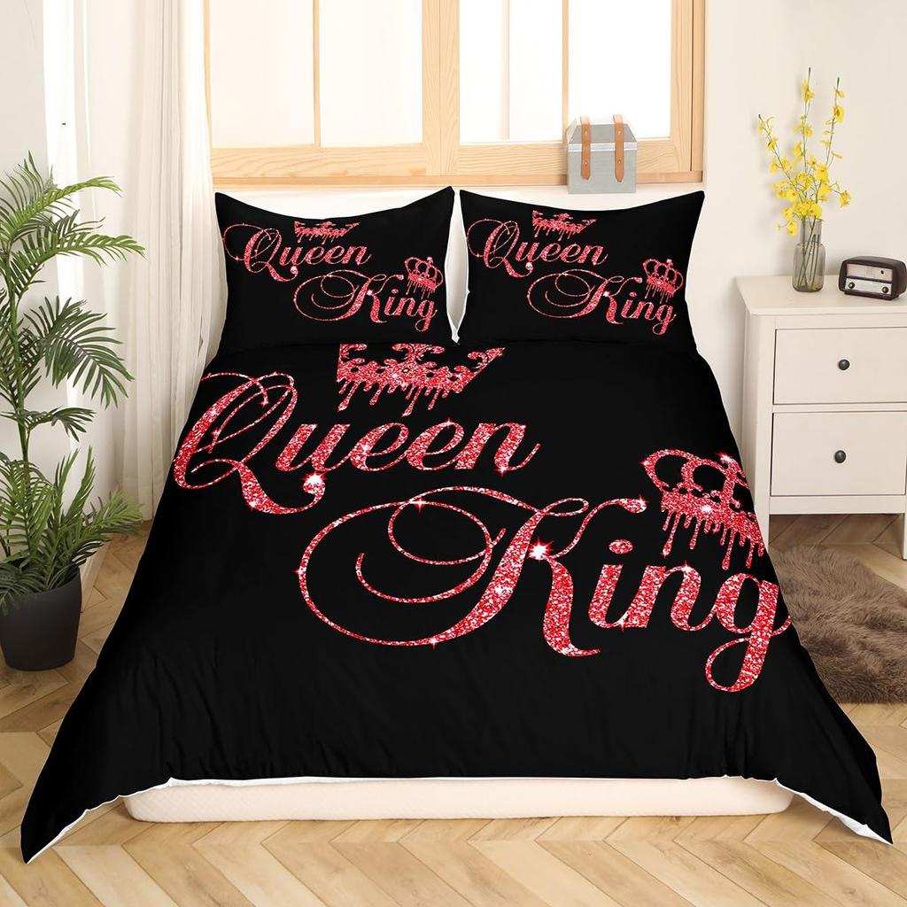 Crown Queen and King Couple Duvet Cover His and Hers Bedding Set Pink Comforter Cover Lover Romantic Valentine's Day Quilt Cover