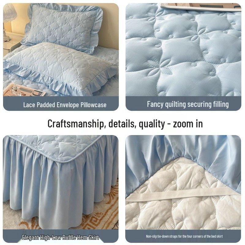 A-class Thick Quilted Bed Skirt - Winter Dustproof Non-Slip Bed Cover with Princess-Style Skirt Edge