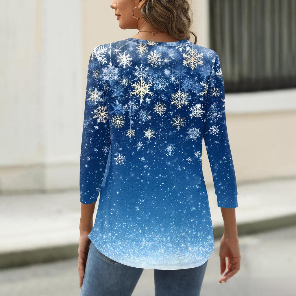 Women's T Shirt Christmas Print Button 3/4 Sleeve Daily Weekend Fashion Basic V- Neck Regular Top