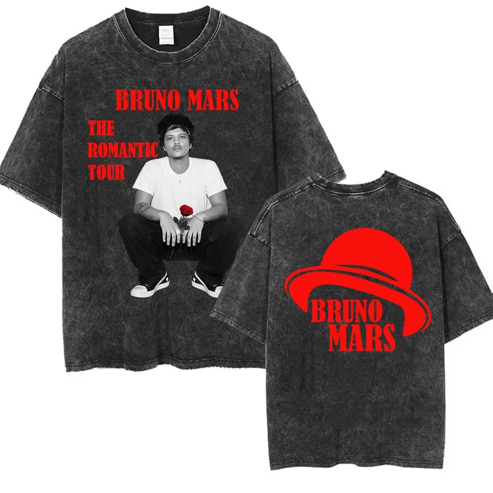 Bruno Mars The Romantic Tour 2026 Vintage Gewassen T-shirt Mannen Vrouwen Mode Hip Hop Pop Muziek T-shirt Zomer Casual Katoenen T-shirt