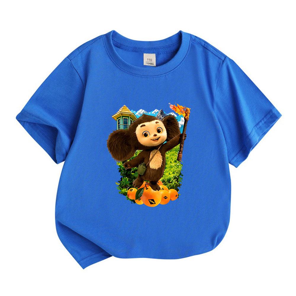 Unisex Kids Boys Girls Crew Neck Short Sleeve 100% Cotton T-Shirt, Cute Cheburashka Print Tee with Torch Orange Pattern Casual Soft Summer Daily Wear